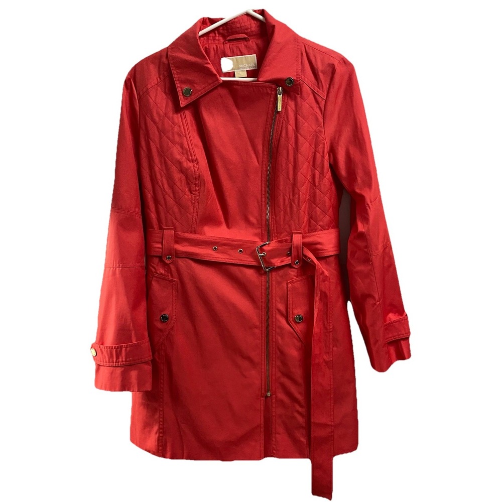 Michael Kors Womens Coral Red Trench Coat Belted Lined Removable hood Sz. M